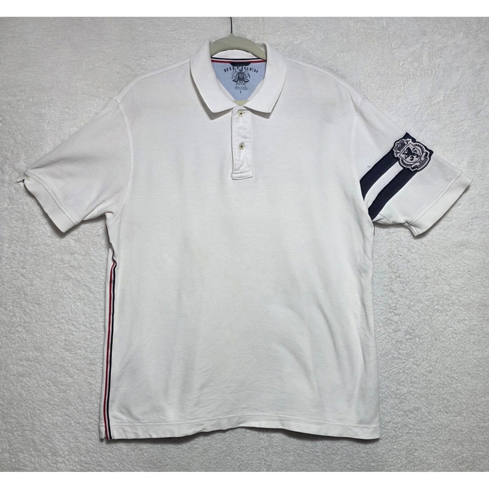 Tommy Hilfiger Men's White Crest Patch Stripe Sleeve Polo Shirt Large L